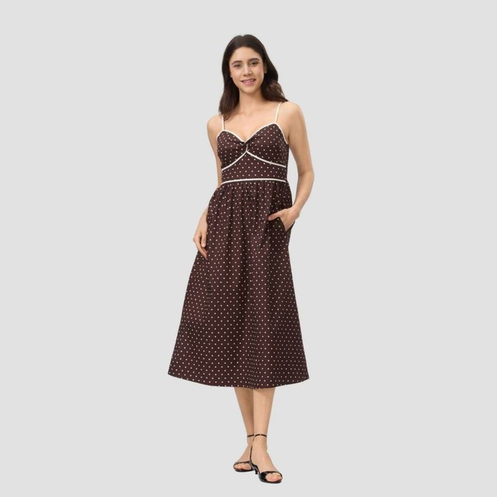Women's Twist-Front Midi A-Line Dress - A New Day Brown Polka Dots M